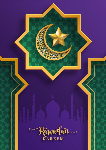 Ramadan kareem ramadhan ou eid mubarak por muçulmanos saudando o fundo islâmico com ouro estampado e cristais no fundo da cor do papel tradução ramadan kareem