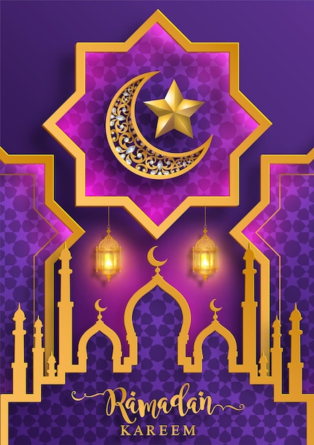 Ramadan kareem ramadhan ou eid mubarak por muçulmanos saudando o fundo islâmico com ouro estampado e cristais no fundo da cor do papel tradução ramadan kareem