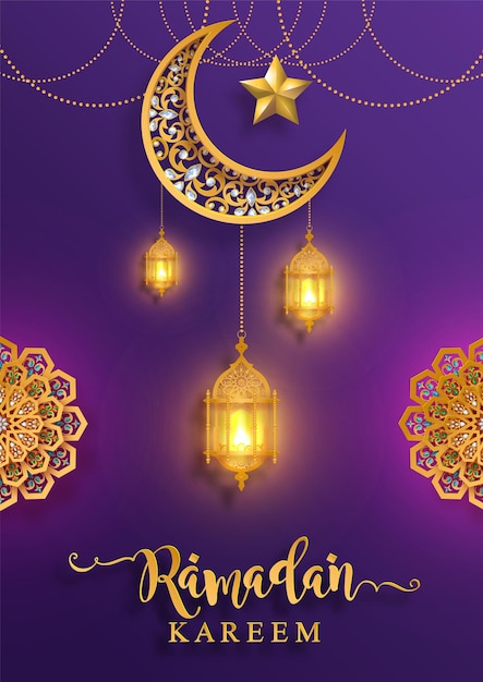 Ramadan kareem ramadhan ou eid mubarak por muçulmanos saudando o fundo islâmico com ouro estampado e cristais no fundo da cor do papel tradução ramadan kareem