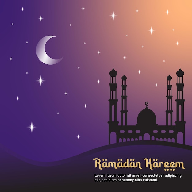 Ramadan Kareem saudando a ilustração de cores noturnas da mesquita de fundo com cidade árabe