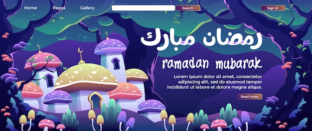 Ramadan mubarak com uma grande mesquita de cogumelos em uma floresta de fantasia landing page