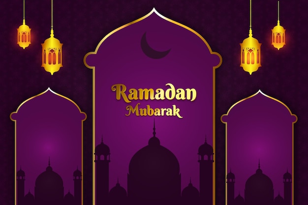 Ramadan mubarak mesquita plana cor de fundo roxa e dourada