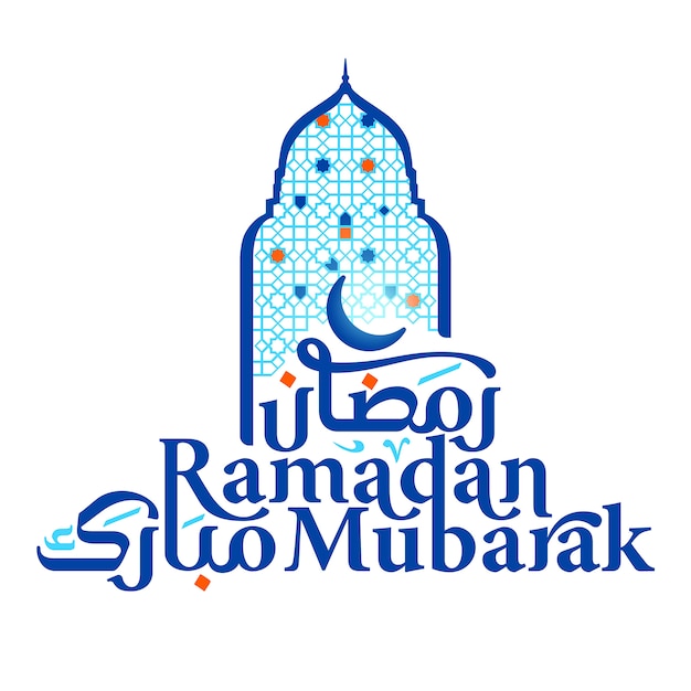 Ramadan mubarak tipografia árabe e latina com janela de mesquita e padrão geométrico ilustração para saudação islâmica fundo
