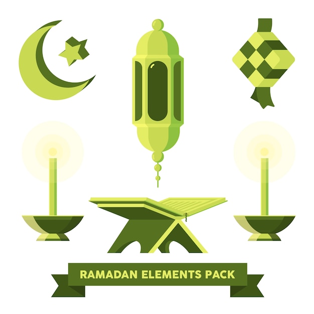 Vetor ramadan plano & eid mubarak elements pack