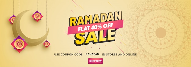 Ramadan venda, web cabeçalho ou banner design com lua crescente e plana 40% de desconto oferece.