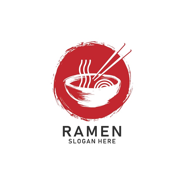 Ramen conceito de logotipo de comida japonesa com fundo de escova circularRamen tigela de macarrão e bastão de comer