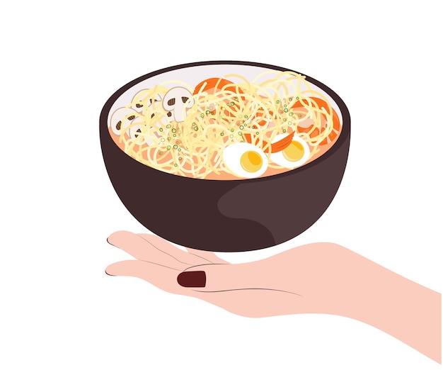 Ramen de camarão em uma tigela. tigela de macarrão e mão de mulher. comida asiática. ilustração vetorial