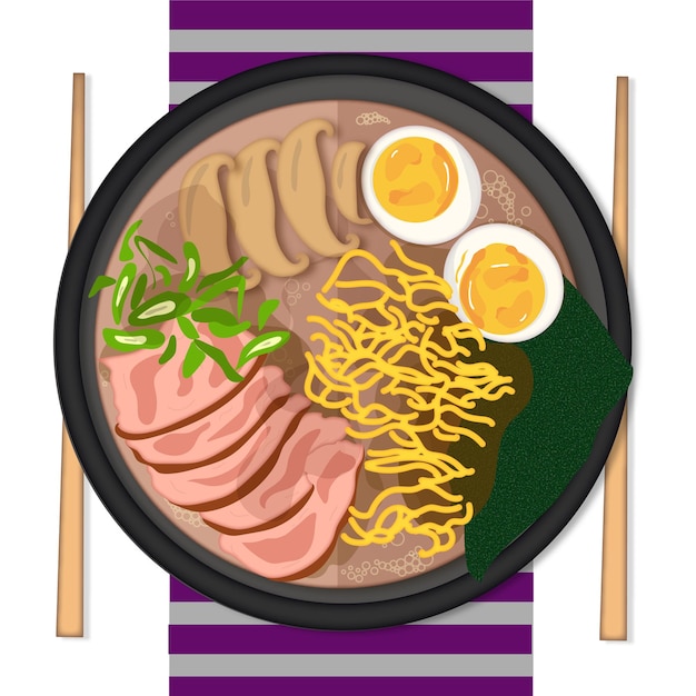 Vetor ramen de macarrão de ovo de carne e cebola