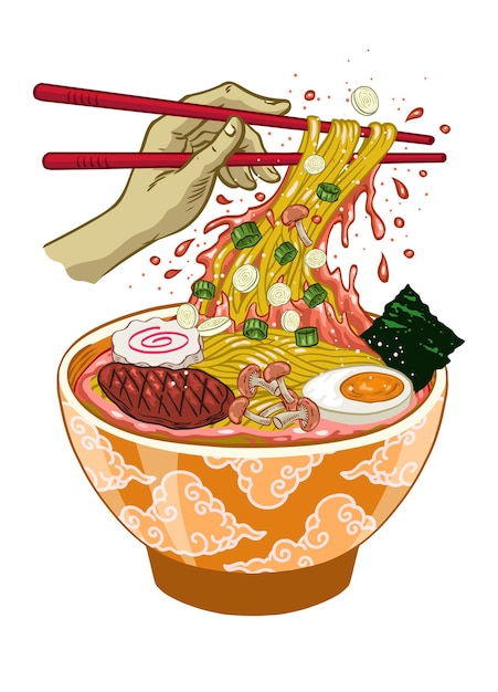 Ramen noodle ilustração de comida japonesa em estilo desenhado à mão