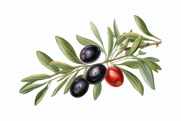 Ramo de oliveira com frutas pretas e folhas isoladas no fundo branco Ilustração de desenho vetorial