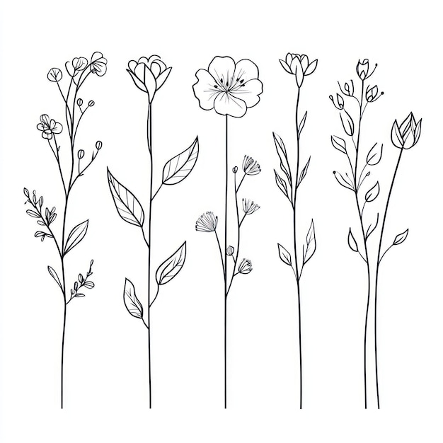 ramo floral flores minimalistas decorações de logotipo linha desenhada à mão casamento