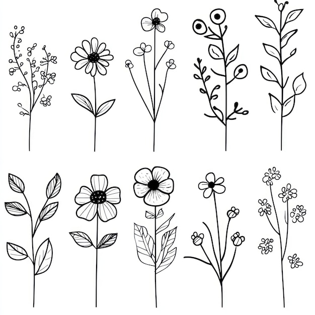 ramo floral flores minimalistas para logotipo ou decorações linha desenhada à mão erva de casamento elegante