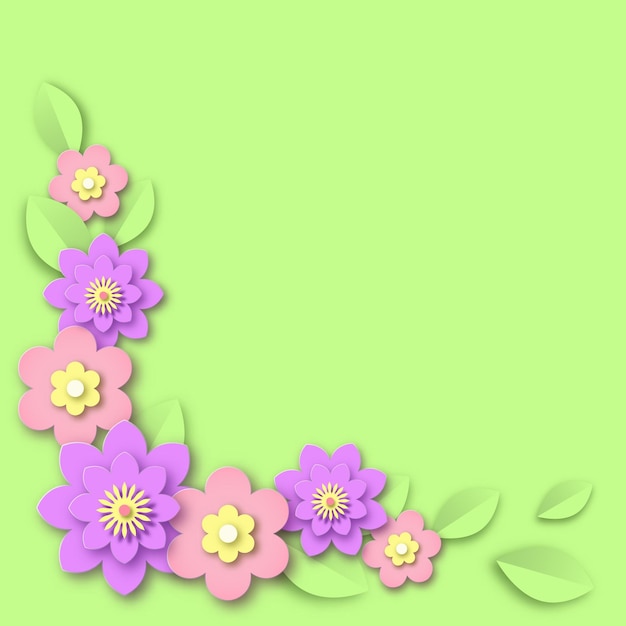 Ramo roxo de flores com dispersão de banner de folhas verdes. anêmona rosa brilhante com férias de ornamento de primavera e aplicativo de aniversário convite criativo romântico.