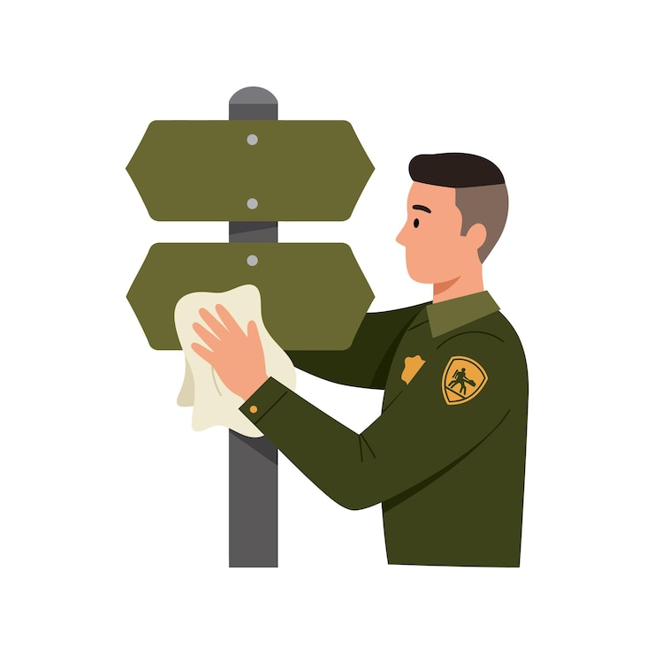 Vetor ranger de parque limpando sinais direcionais verdes ao ar livre em ilustração vetorial uniforme