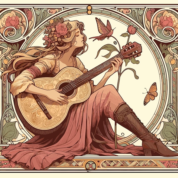 Vetor rapariga a tocar guitarra art nouveau