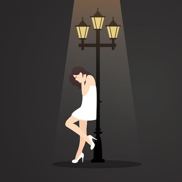 Vetor rapariga deprimida sozinha a sentir-se triste sozinha debaixo da lâmpada da rua