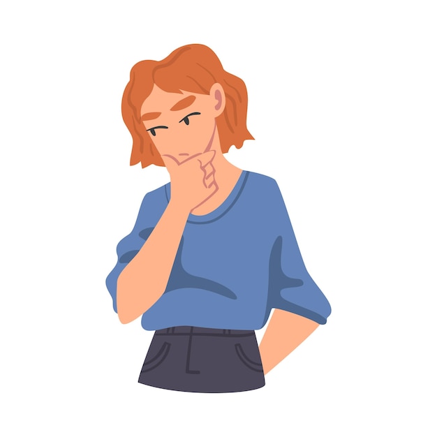 Rapariga Pensadora Retrato de Pessoa Pensativa com Expressão Facial Curiosa Solução de Problemas Conceito Ilustração vetorial de desenho animado