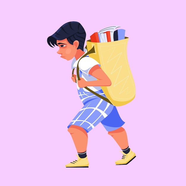 Rapaz dos desenhos animados com uma mochila grande nas costas aluno