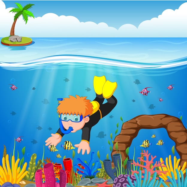 Rapaz dos desenhos animados, mergulho no mar