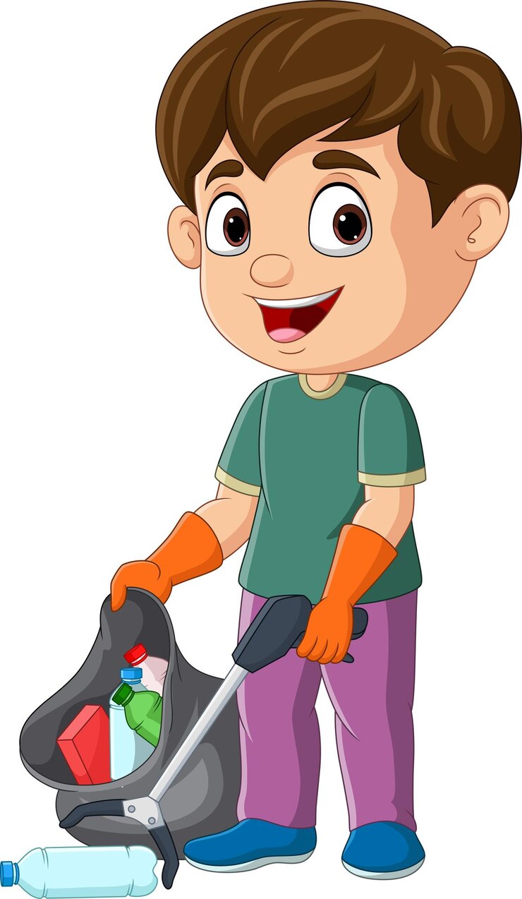 Vetor rapaz dos desenhos animados, recolhendo garrafas em saco plástico preto