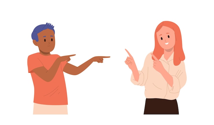 Vetor rapaz e menina felizes sorrindo personagens de desenhos animados apontando com ilustração vetorial de gesto de mão