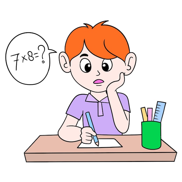 Rapaz está aprendendo matemática de multiplicação, arte de ilustração vetorial. imagem de ícone do doodle kawaii.