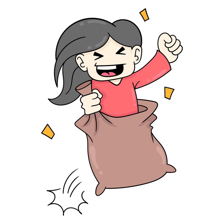 Vetor rapaz está comemorando o dia da independência indonésia usando um saco, arte de ilustração vetorial. doodle ícone imagem kawaii.
