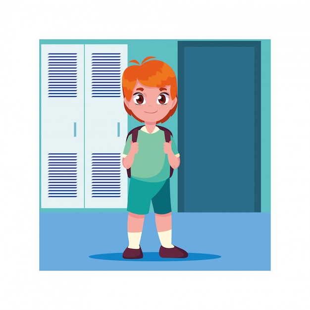 Vetor rapaz estudante no corredor da escola com armários, volta às aulas