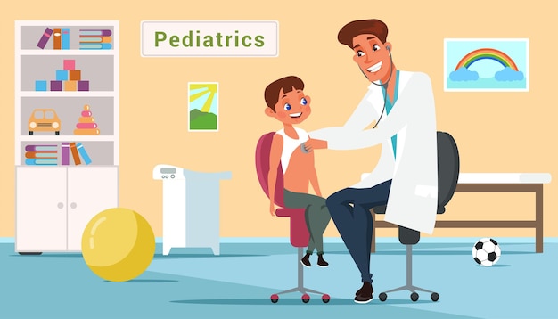 Rapaz na ilustração plana do escritório de pediatria