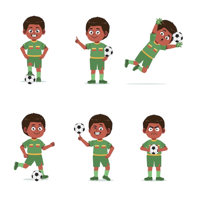 Rapaz negro africano bonito com cabelo afro personagem de desenho animado jogando futebol