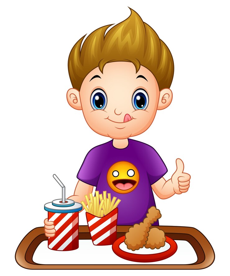 Vetor rapaz pequeno dos desenhos animados com um fast food que dá os polegares acima