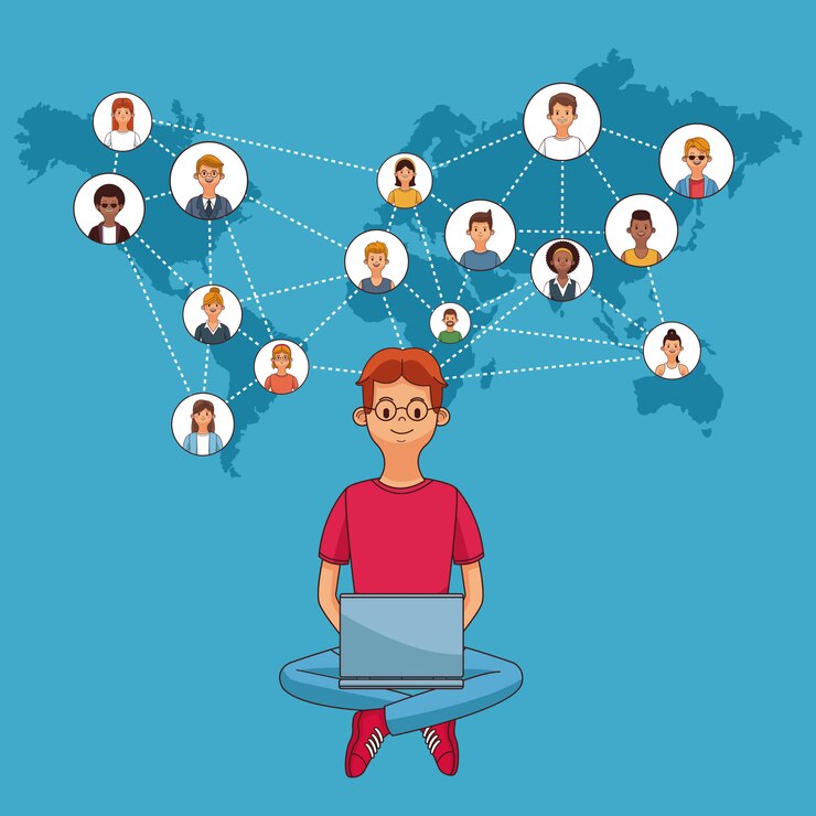 Vetor rapaz usando laptop para se conectar a mídia social e rede
