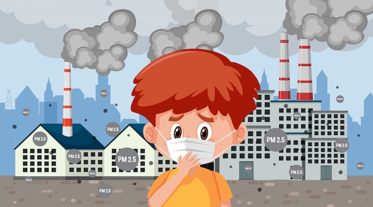 Vetor rapaz usando máscara na cidade com fumaça de fábrica
