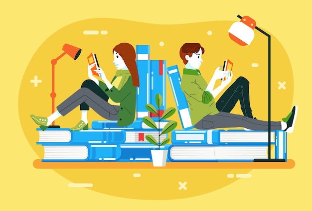 Rapazes e mulheres lendo um livro enquanto sentavam na pilha de livros, ilustração para o dia internacional da alfabetização. usado para pôster, imagem da web e outros