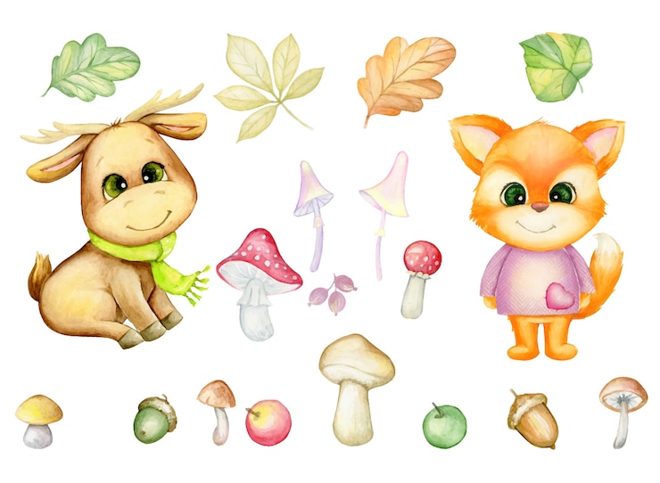 Vetor raposa, alce, folhas de outono, cogumelos, bagas. conjunto em aquarela de plantas e animais da floresta, no estilo cartoon, sobre um fundo isolado.