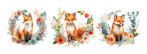 Raposa aquarela e flores isoladas no fundo branco raposa fofa animal floresta arte conjunto vida selvagem desenho animado ilustração vetorial