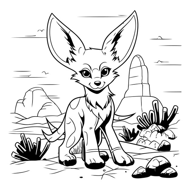 Vetor raposa de desenho animado bonita sentada no deserto ilustração vetorial para livro de colorir