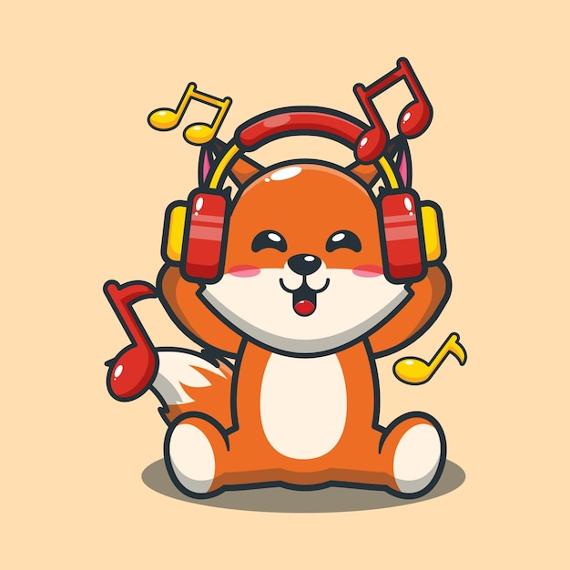 Vetor raposa fofa ouvindo música com fone de ouvido ilustração de animal fofinho