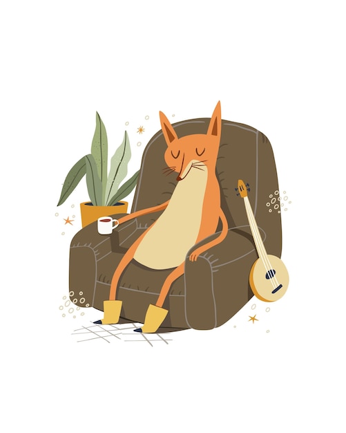 Vetor raposa fofa relaxando com uma xícara de café