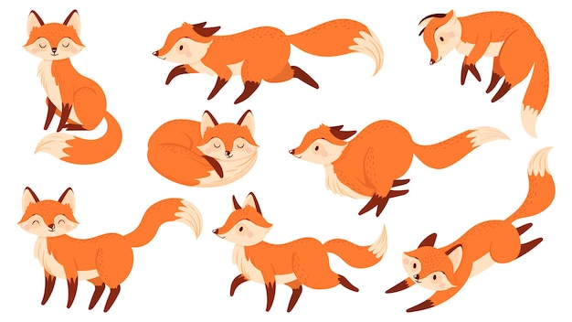 Raposa vermelha de desenho animado. raposas engraçadas com patas pretas, bonito animal saltitante. personagem foxy, mascote raposa predador ou mamífero animal da floresta de vida selvagem. conjunto de ícones de ilustração vetorial isolado