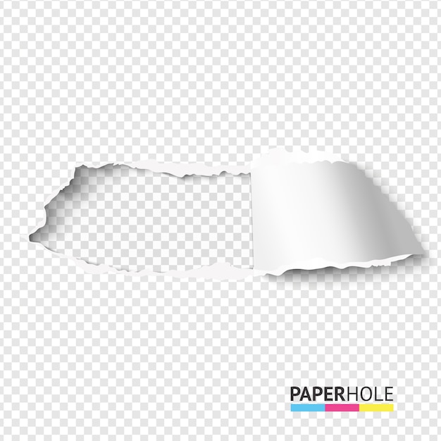 Rasgue o orifício do papel em um fundo transparente