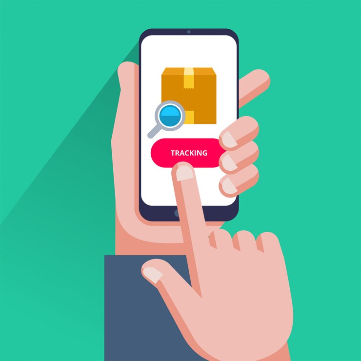 Vetor rastreamento de encomendas. mão segurando o smartphone com pacote de papelão, lupa e botão de rastreamento