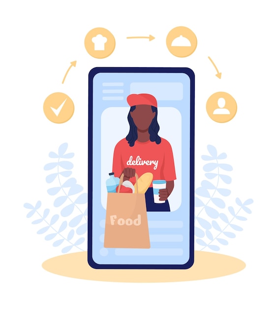 Rastreamento de entrega na ilustração em vetor conceito plana móvel. Recebendo comida e mantimentos. O serviço de correio profissional isolou personagens de desenhos animados 2D em branco para web design. Idéia criativa de remessa