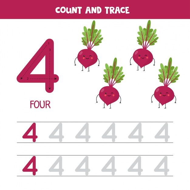 Rastreamento de planilha de números. número quatro, com beterraba kawaii bonito.