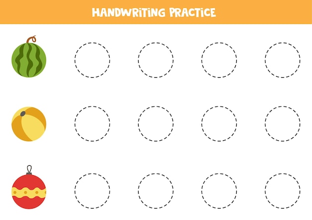 Rastreando contornos de objetos bonitos do círculo. prática de caligrafia para crianças.