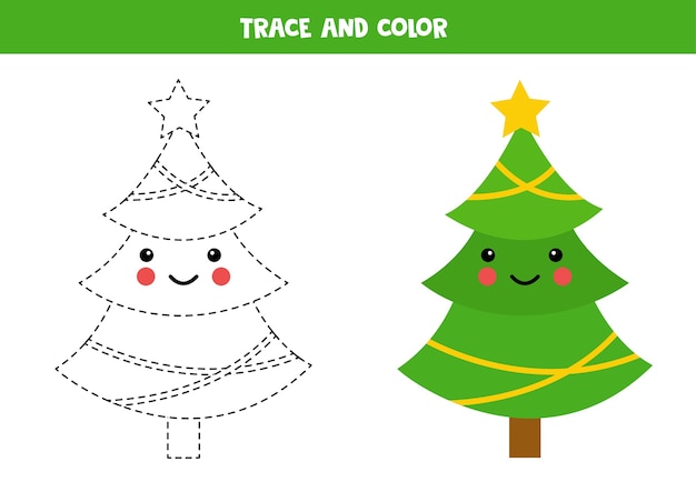 Rastreando e colorindo a árvore de natal kawaii. praticar habilidades de escrita.