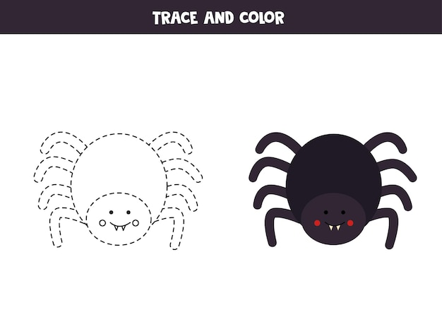 Rastrear e colorir a linda aranha de halloween. planilha para crianças.