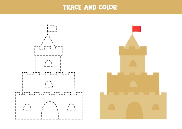 Rastrear e colorir o castelo de areia dos desenhos animados. planilha para crianças.