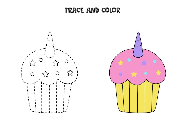 Rastrear e colorir cupcake fofo kawaii. jogo educativo para colorir.