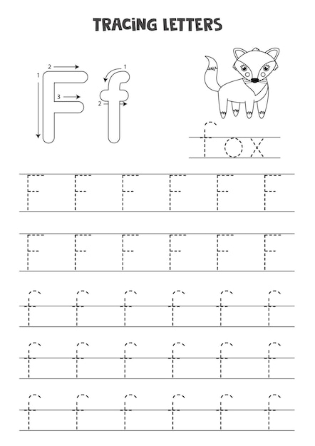 Rastrear letras do alfabeto inglês. letras maiúsculas e minúsculas f f. prática de caligrafia para crianças em idade pré-escolar.